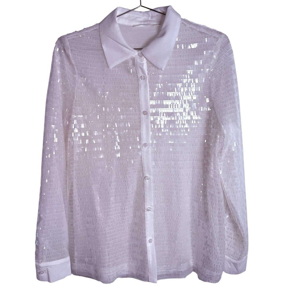Lush Womens White Sequin Button Down Long Sleeve Shirt Size Small Sheer Nwot